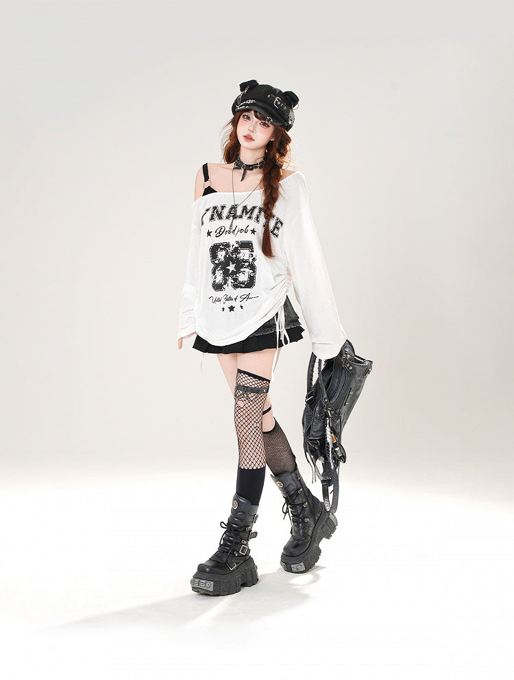Asymmetrical Neckline Number and Letter Print Drawstring Side White/Black Top
