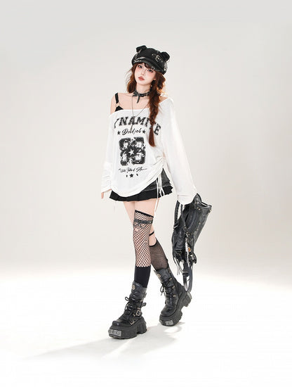 Asymmetrical Neckline Number and Letter Print Drawstring Side White/Black Top