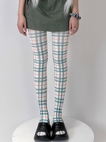 White&Green/Purple Y2K Plaid Tights