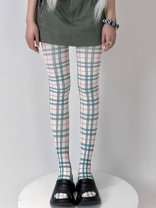 White&Green/Purple Y2K Plaid Tights