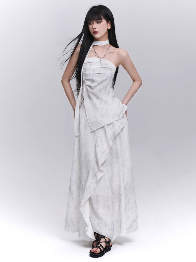 Off-white Side Slit Strapless Top with Scarf / Elastic Waist Cascading Ruffle Trim Skirt