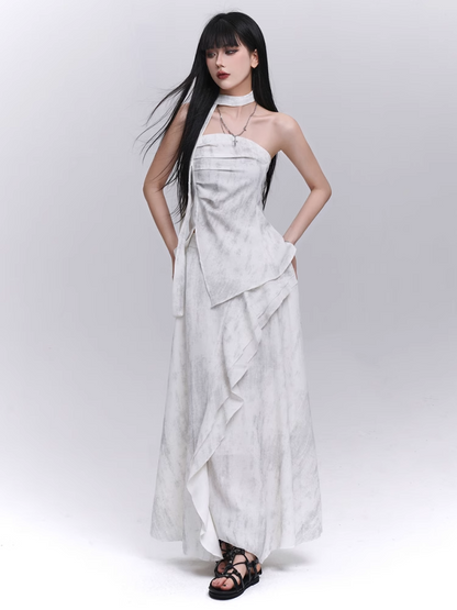 Off-white Side Slit Strapless Top with Scarf / Elastic Waist Cascading Ruffle Trim Skirt
