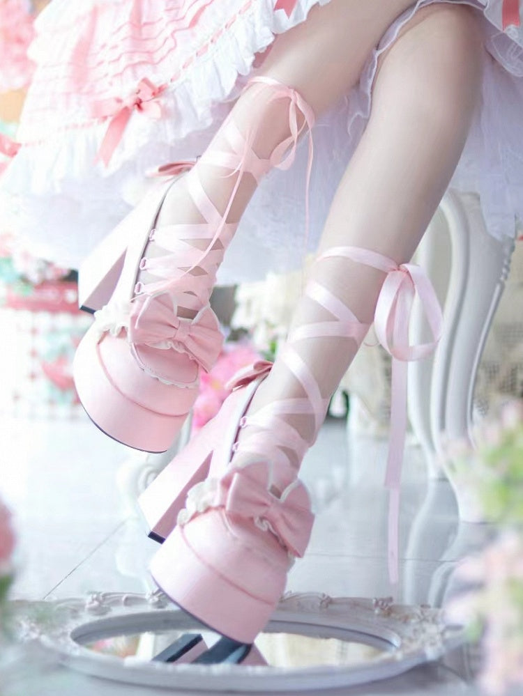 Cute Kitty Tails Pink Bow at Top Sweet Lolita Platform High Heels Lace-up at Ankle