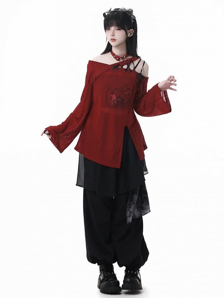 Lace-up Asymmetrical Neckline Red Slit Hem Graphic Coverup