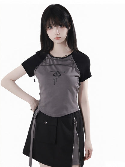 Black and Gray Colorblock Design Lace-up Front Techwear T-shirt