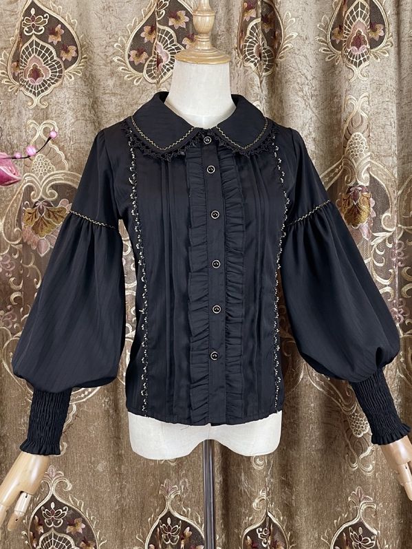 Black Vintage Shirt Leg-of-Mutton Sleeves Elegant Top