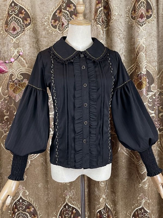 Black Vintage Shirt Leg-of-Mutton Sleeves Elegant Top