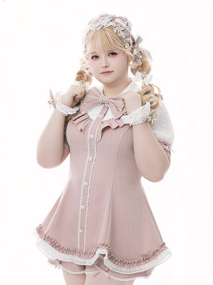 Pink Striped Jirai Kei Set: Scalloped Edge Trim Lace-up Back Top+ Shorts+ Bowknot Brooch