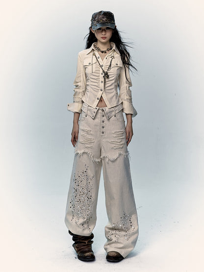 Apricot Wide-Leg Distressed Jeans with Rhinestone Details