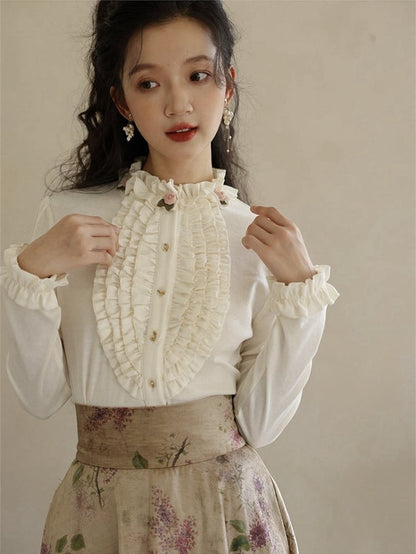 Milk White/Khaki Vintage Floral Ruffled Trim Blouse