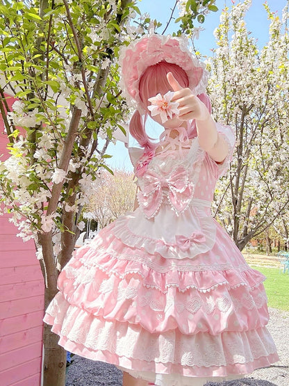 White Polka Dots Pink Square Neckline Lolita Short Sleeves Dress with Apron