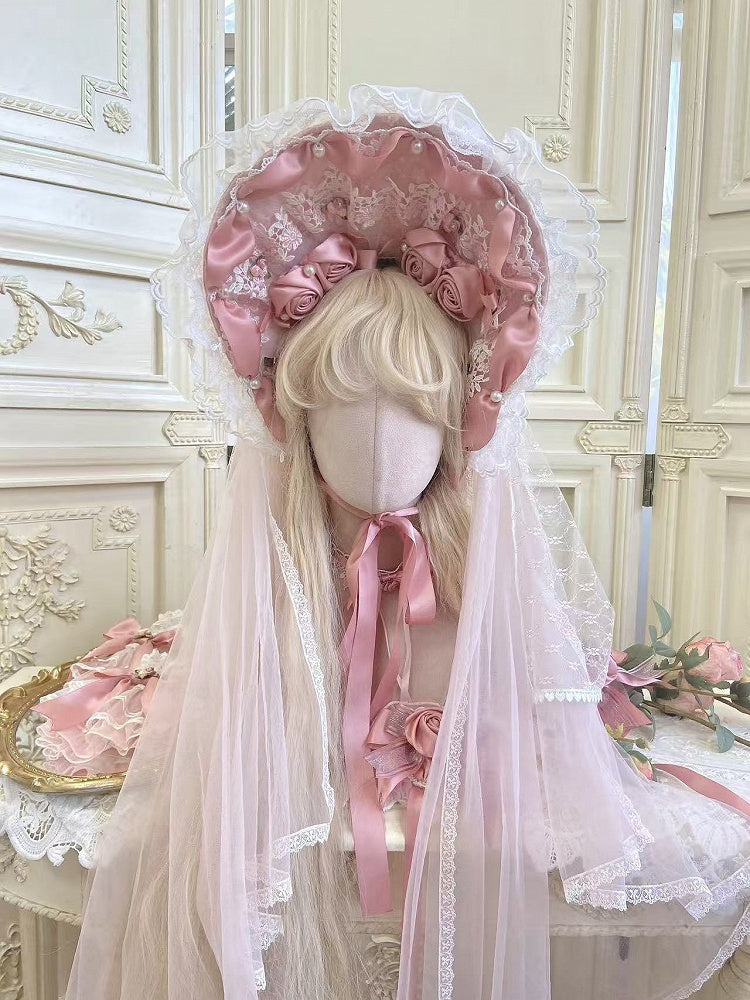 Pink Roses and Beads Decorated Hanayome Lolita Bonnet with Veil