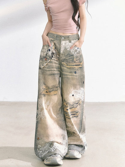 Lace and Distressed Holes Print Blue Faded Wash Distressed Wide-leg Jeans