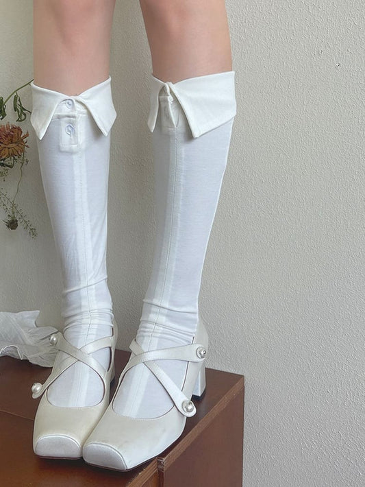 Black/White/Gray Underknee Stockings With Button Decoration