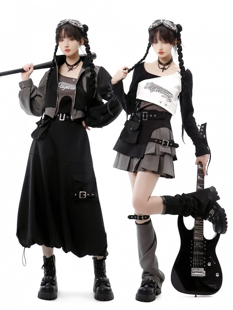 Futuristic Layered Box Pleat Techwear Skirt with Cargo Pockets