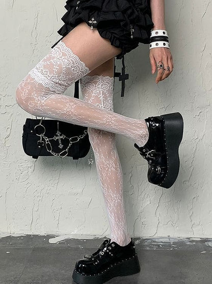 Gyaru Fashion White Floral Pattern Lace Trim Y2K Overknee Stockings