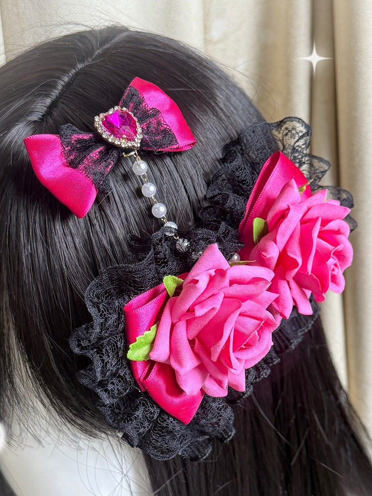 Two Pink&Black Floral Design Lace Trim Bead Chain Bowknot Hairclips
