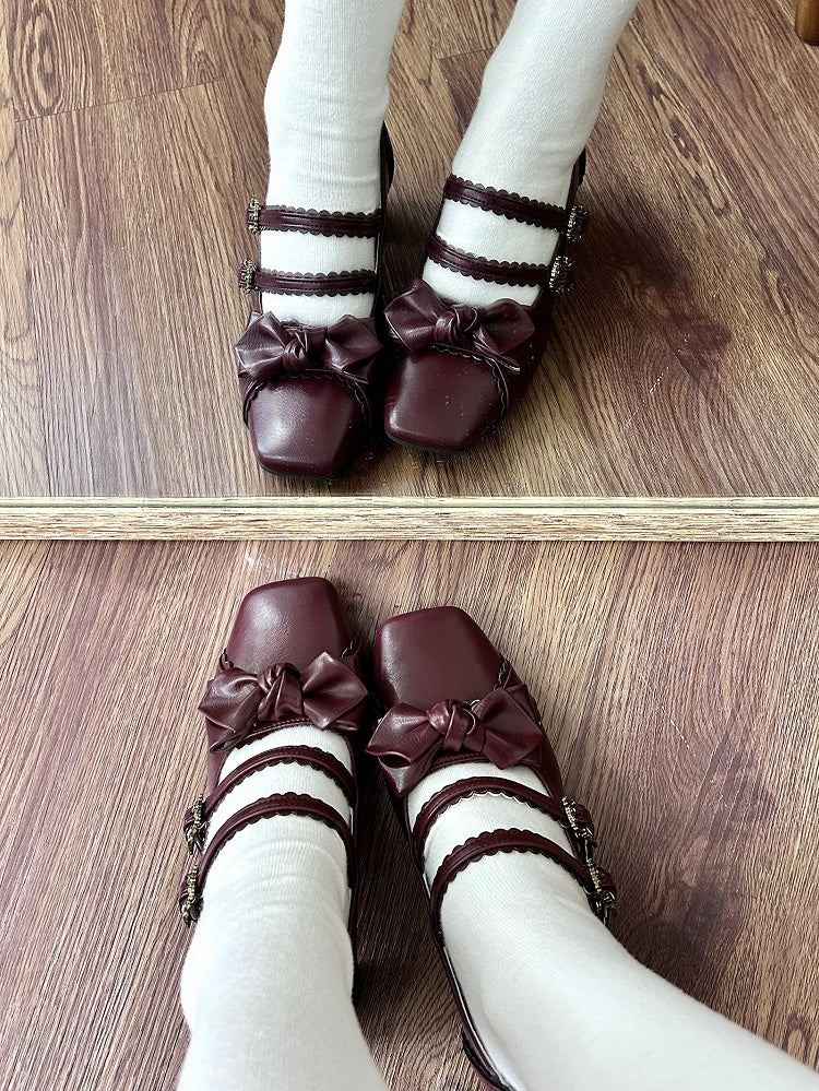 Wine Red Bow at Top Sweet Lolita Shoes