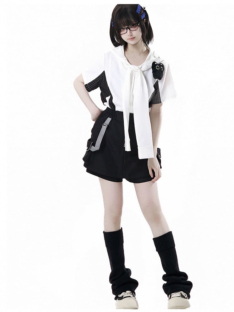 Black and Gray Striped Colorblock Design Techwear Necktie Design Hooded Shirt with Kitty Plushie