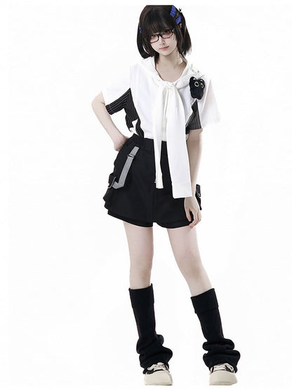 Black and Gray Striped Colorblock Design Techwear Necktie Design Hooded Shirt with Kitty Plushie