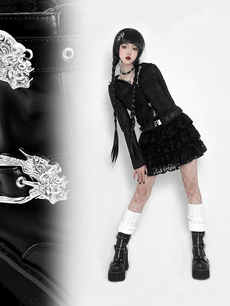 Dragon-shaped Buckle Straps Black Punk Boots High Block Heel