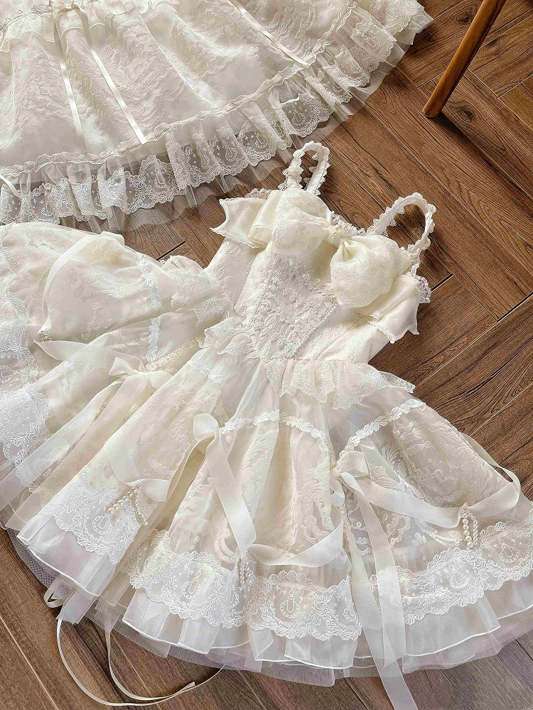 Creamy White Princess Basque Waist Lolita Dress Beads and Ribbon Bows on Skirt