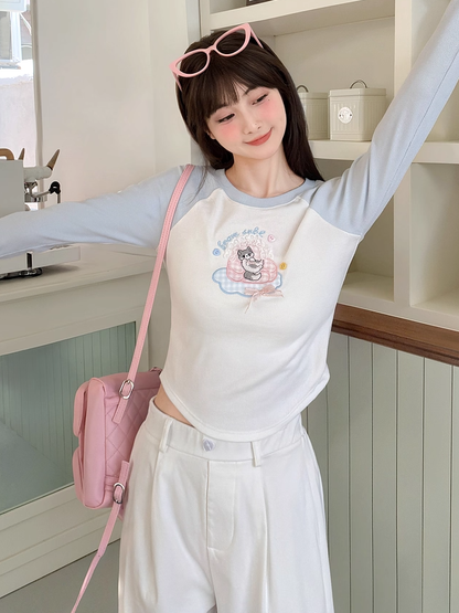 Cartoon Kitty Embroidery Blue and White Colorblock Design Top