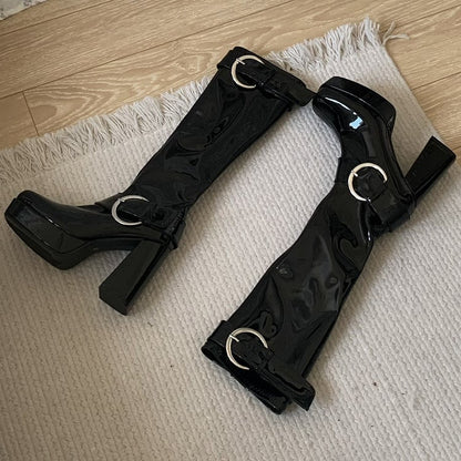 Knee-Length Polished Black Boots - Square Toe Platform with Decorative Buckles & Inner Zipper