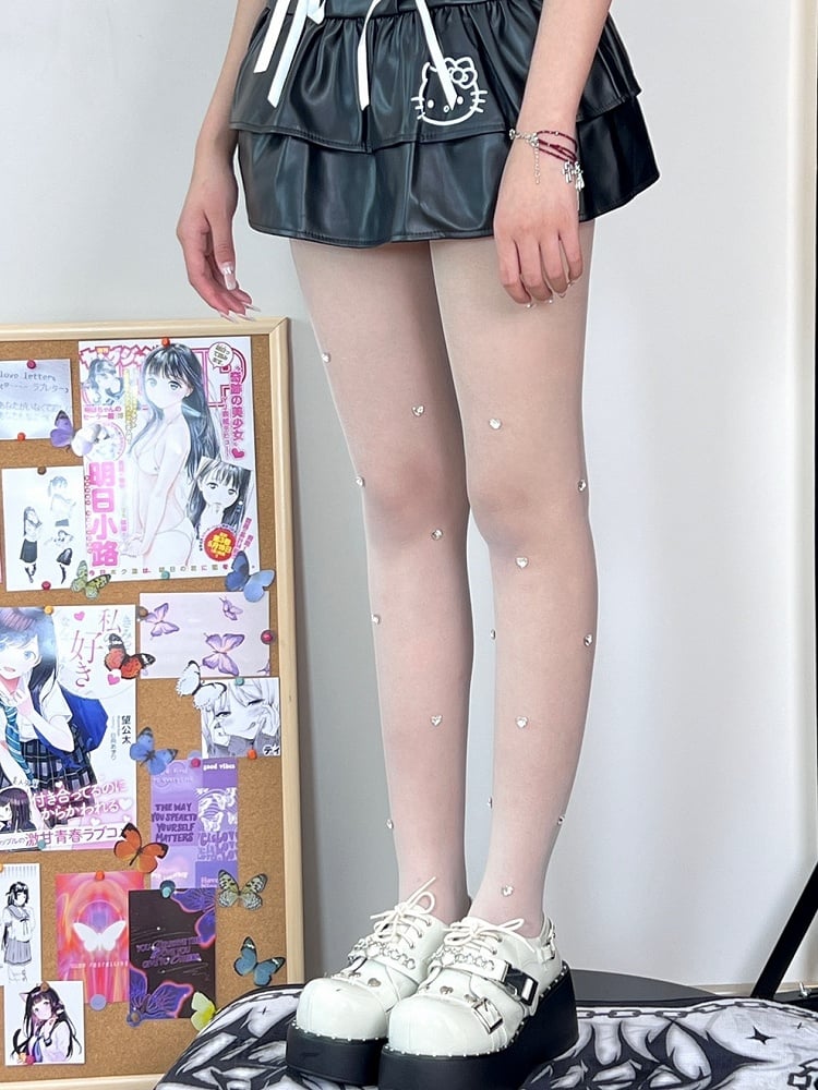 White Rhinestone Heart Decorated Tights