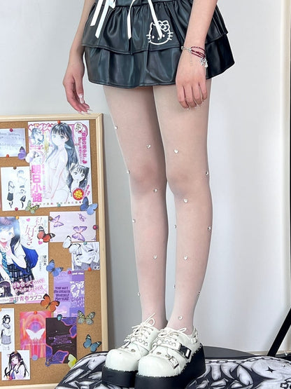 White Rhinestone Heart Decorated Tights