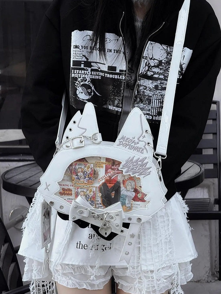 Kitty Ear Design Bowknot Studs Detail White PU Tote Ita Bag with Free Card Holder