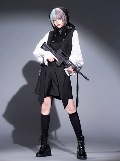 Ouji Lolita White and Black Five-Piece Set - Lace Collar Top + Detachable Pointed Hood + Ribbons + Shorts + Garter