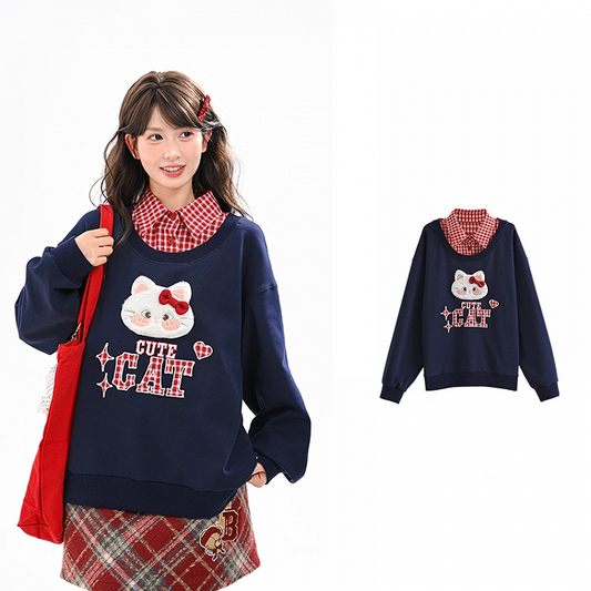 Kitty Embroidery Applique Navy Blue Sweatshirt with Detachable Red Plaid Collar