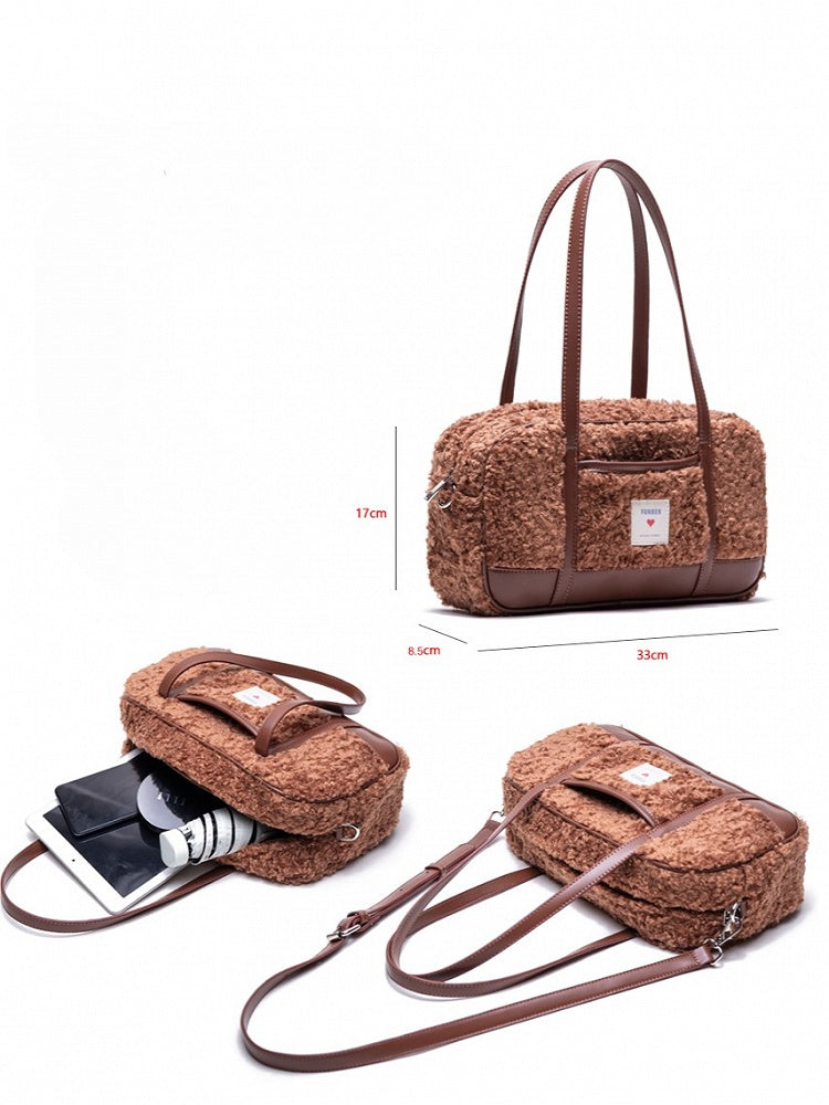 Brown Faux Teddy Fur Baguette Bag with Heart Tag