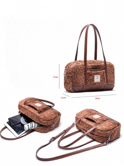 Brown Faux Teddy Fur Baguette Bag with Heart Tag