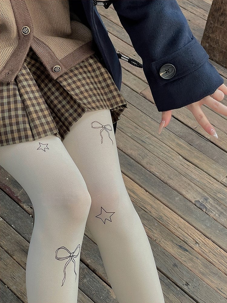 Creamy White/Light Gray/Purple Bowknot and Star Print Pantyhose
