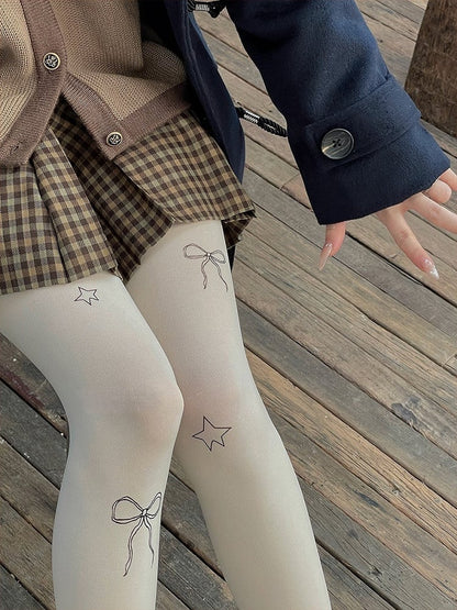 Creamy White/Light Gray/Purple Bowknot and Star Print Pantyhose