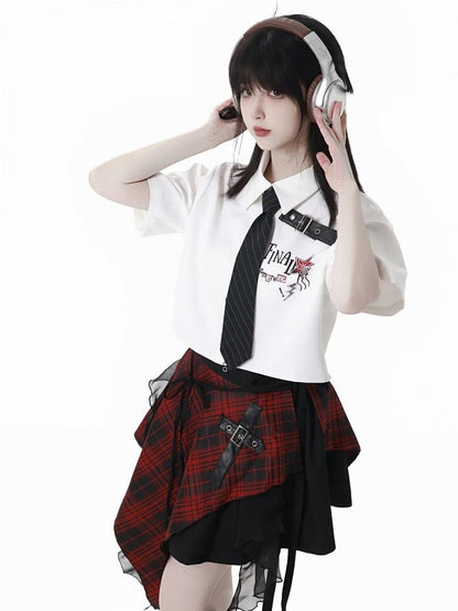 Contrast Red and Black Buttons Leather Buckle Strap White Short Sleeves Shirt Long/Short Version