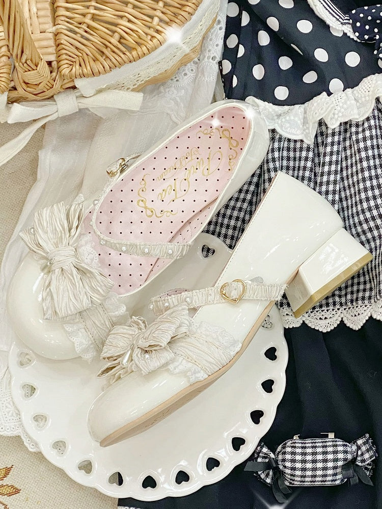 White Beaded Decorated Bow at Top 2.5CM/5CM Block Heels Round Toe Shoes