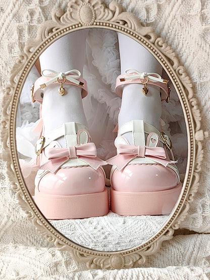 Polished Pink Sweet Lolita Heart Details Bunny Ear Bow at Top T-strap Platforms