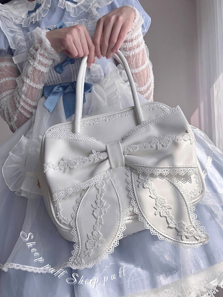 White Square Lolita PU Shoulder Bag Featuring 3 Lace Trim Styles and a Large Bow