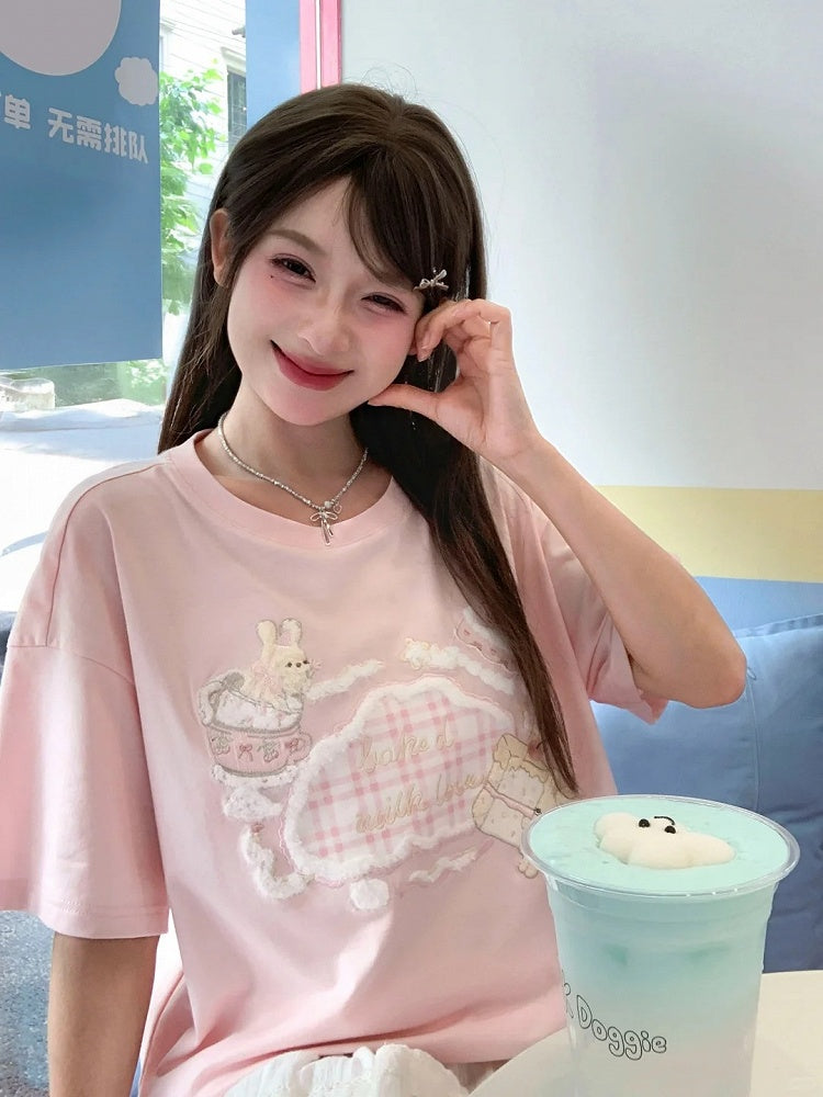 Adorable Bunny Embroidery Pink Round Neck Loose T-shirt