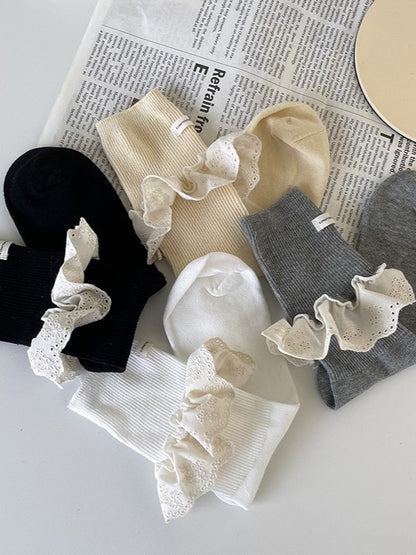 White/Black/Grey/Apricot Lolita Calf Socks With Hollow-out Lace Ruffled Cuffs