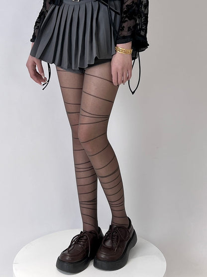 Gray/White Punk Striped Pattern Tights