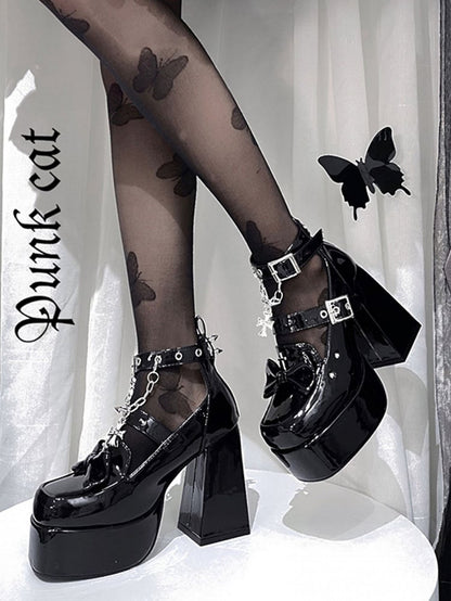 Spike Studs Polished Black Platform Block High Heels Punk Goth Shoes