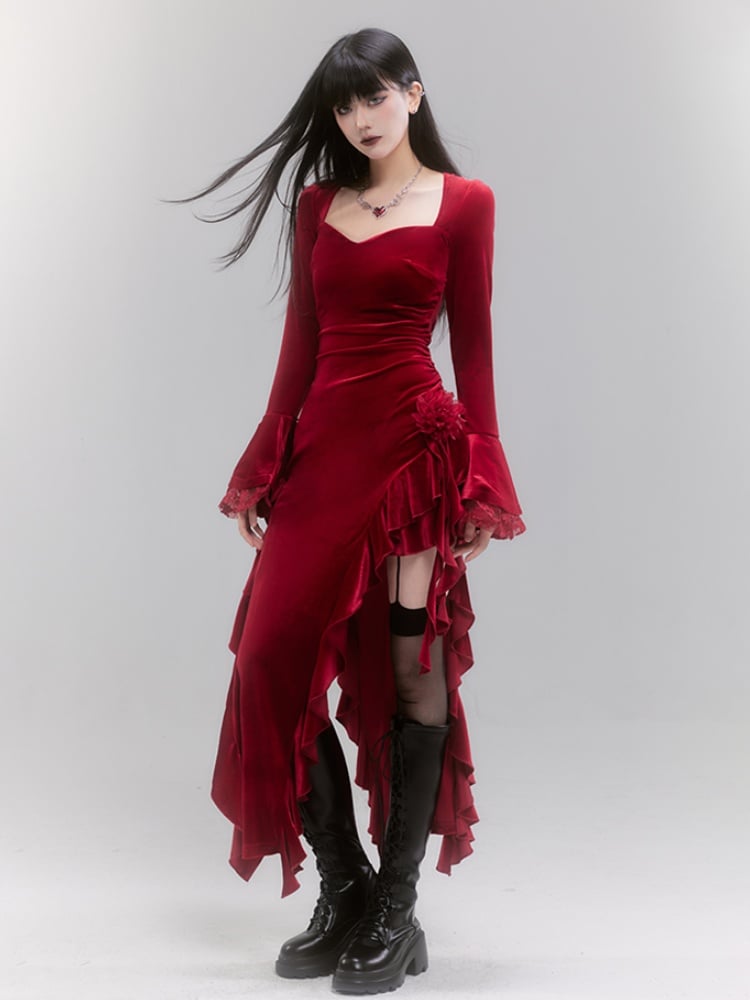 Red Velvet Lace Bell Sleeves Asymmetrical Ruffle Hem Dress