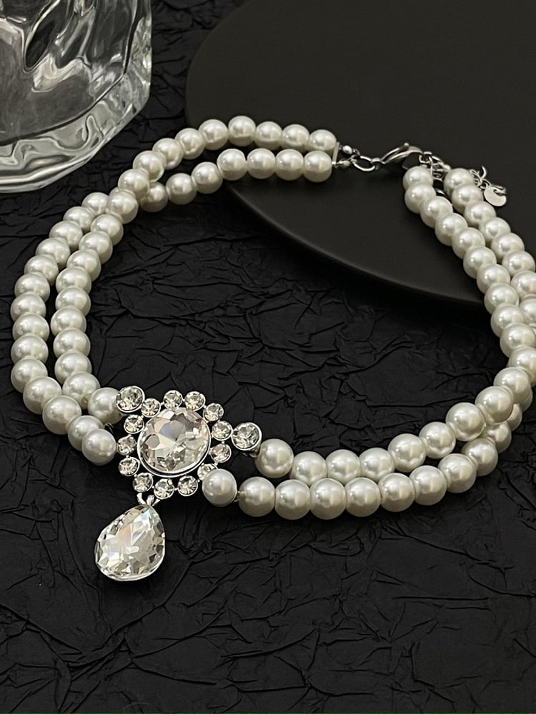 Rhinestone Pendant Vintage Southern Belles White Beads Choker