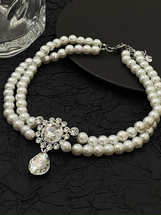 Rhinestone Pendant Vintage Southern Belles White Beads Choker
