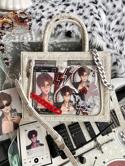 Snake Pattern White Ita Tote Bag with Crossbody Shoulder Strap