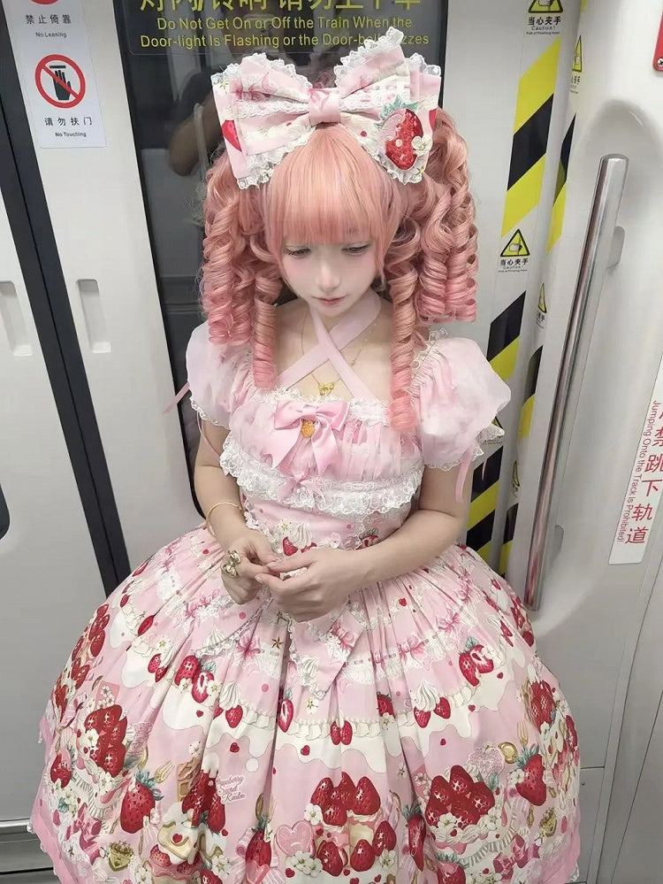 Strawberry Cake Print Pink Sweet Lolita Short Sleeves Dress